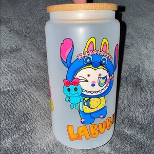 Frosted Blue Character Glass Tumbler  with Bamboo Lid